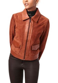 Made with a combination of leather and suede, this trucker-style jacket from Bernardo is enhanced with snap flap pockets for convenient storage. | Bernardo Women's Leather Suede Combo Trucker Jacket, Small Casual Leather Jacket With Suede Overlays, Casual Leather Outerwear With Suede Overlays, Leather Biker Jacket With Flap Pockets For Work, Collared Leather Biker Jacket For Fall, Leather Outerwear With Suede Overlays For Work, Suede Leather Jacket With Lapel Collar For Fall, Classic Suede Leather Jacket With Zipper, Brown Leather Jacket With Suede Overlays, Fitted Leather Jacket With Suede Overlays