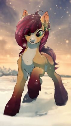 an animated pony with red hair and green eyes running through the snow on a sunny day