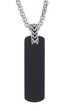 A black onyx bar pendant suspends from a lustrous sterling silver box chain necklace for instantly chic style. 21.5" length 1.25" pendant Lobster clasp .925 sterling silver, onyx Imported Black Sterling Silver Necklace, Black Necklace With Adjustable Chain And Rectangular Pendant, Black Rectangular Jewelry With Adjustable Chain, Modern Black Necklace With Box Chain, Black Pendant Necklace With Silver Chain, Modern Black Jewelry With Silver Chain, Formal Black Engraved Necklace, Black Rectangular Engraved Jewelry, Black Engraved Rectangular Jewelry