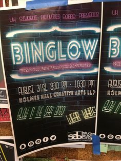 two posters are shown on the wall in front of some other signs that read binginglow