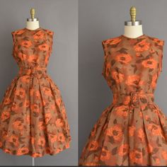 Gorgeous Vintage 1960s Cotton Dress With A Beautiful Orange Floral Print Throughout. This Vintage Dress Features A Lovely Flattering Fitted Bodice With Bust Darts, Nipped Waist, And A Pleated Full Skirt. Original Matching Belt And Back Metal Zipper For Closure. ------ M E A S U R E M E N T S ------- Best Fit: Large Bust: 40" Waist: 31.5" Hips: Open Fit Shoulders: 16" Total Length: 44" Material: Cotton Condition: Excellent Vintage Condition. Ready To Wear. Vintage Orange Knee-length Dress, Vintage Brown Floral Print Dress, Retro Brown Floral Print Dress, Vintage Orange Floral Print Dress, Vintage 60s Dress, 1950s Style Floral Print A-line Vintage Dress, Orange Floral Print, Vintage Dress 60s, Full Skirt Dress