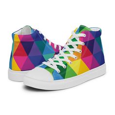 Step up your shoe game with the High Top Canvas Shoes. These handmade, trendy shoes are sure to spice up your outfit. Get yours now! * 100% polyester, canvas upper side * Ethylene-vinyl acetate (EVA) rubber outsole * Breathable lining, soft insole * Faux leather toe cap * White laces * Padded collar, lace-up front * Blank product sourced from China Important: This product is available in the following countries: United States, Canada, Australia, New Zealand, and Japan. If your shipping address i Multicolor Canvas High-top Sneakers With Round Toe, Multicolor Canvas High-top Sneakers, Multicolor Custom High-top Sneakers With Abzorb Midsole, Multicolor High-top Canvas Sneakers, Retro Multicolor Lace-up High-top Sneakers, Funky Multicolor High-top Sneakers, Casual Multicolor High-top Custom Sneakers, Trendy Multicolor Lace-up High-top Sneakers, Trendy Multicolor Canvas Sneakers