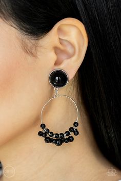 Shiny black beads are threaded along a dainty wire hoop that attaches to an oversized black beaded fitting, creating a bubbly fringe. Earring attaches to a standard clip-on fitting.

Sold as one pair of clip-on earrings. Trendy Fringe, Fringe Earring, Colorful Frames, Feather Fan, Paparazzi Accessories, White Rhinestone, Black Earrings, Silver Bars, Paparazzi Jewelry