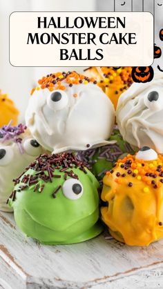 halloween monster cake balls with sprinkles and eyes on them, sitting on a table