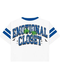 The "Guitar Tee" is a stylish, streetwear-inspired cropped t-shirt designed for those who love unique fashion statements. Featuring a bold graphic of a skeleton playing a guitar with a tropical beach background, this tee brings an artistic flair to your casual wardrobe. The front text "EMOTION" in distressed varsity-style lettering enhances the bold design, while the back showcases "EMOTIONAL CLOSET" surrounded by palm trees and seagulls for a laid-back beach vibe. Made from premium materials, t Tropical Beach Background, Playing A Guitar, Jordan 4’s, Jordan Yeezy, Nylon Pants, Jordan 8, Mixed Emotions, Beach Background, Jordans Women