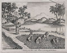 an old black and white drawing of people working in the field