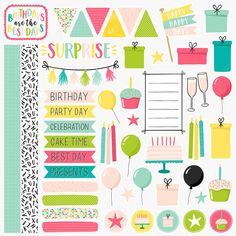 a birthday party planner sticker sheet with lots of different items and decorations on it