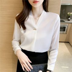 Shipping: Worldwide Express Shipping AvailableDelivery time: 🚚7-15Days Fast ShippingReturns: Fast refund,💯100% Money Back Guarantee.SPECIFICATIONSBrand Name: BONJEANStyle: Office LadyElasticity: Non StrechOrigin: Mainland ChinaCN: GuangdongSeason: Spring/SummerFabric Type: ChiffonMaterial: AcetateMaterial: PolyesterPattern Type: SolidFit Type: Regulai FitAge: MIDDLE AGEThickness: MidweightClothing Length: RegularDecoration: NONEShirts Type: Casual ShirtsDress Patterns: PulloverFabric content: Elegant White V-neck Shirt, White V-neck Office Blouse, White V-neck Blouse For Office, White V-neck Blouse For Office Wear, White Office Blouse With Collar, White Long Sleeve Office Tops, White Office Lady Tops For Work, White Long Sleeve Tops For Office, Formal White Office Lady Top