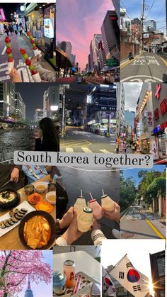 a collage of photos with the words south korea together? and images of people eating food