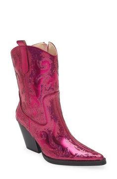 Metallic filigree dances about on this head-turning Western boot that couples cowboy style and modern glamour. 2 3/4" heel (size 8.5) 8" shaft Pull-on style Water-resistant Arch support Synthetic upper, lining and sole Imported Asian & Pacific Islander Owned/Founded Knee High Western Boots, Tall Western Boot, Pacific Islander, Cowgirl Aesthetic, Azalea Wang, Metallic Shoes, Western Boots Women, Pink Fits, Rounded Toe Boots