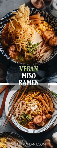 vegan miso ramen in a bowl with chopsticks