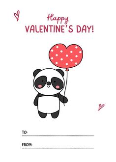 valentine's day card with a panda holding a heart balloon