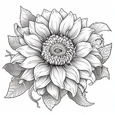 a black and white drawing of a large sunflower with leaves on it's petals