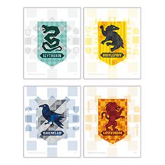 four different harry potter emblems are shown in three different colors and sizes, each with the