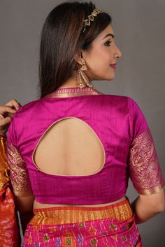 Black raw silk chinese collar blouse with jadau mandala design Raw Silk Blouse, Rani Pink, Backless Blouse Designs, Raw Silk Fabric, Regal Design, Traditional Saree, Fancy Blouse