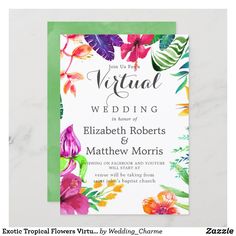 a wedding card with colorful flowers and leaves on the front, in watercolor style