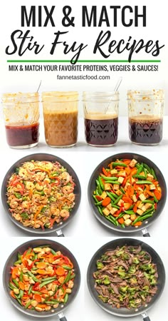 six different types of stir frys in black pans with sauces on the side