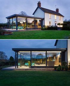 this modern house has large glass walls to let in light and privacy from the surrounding lawn