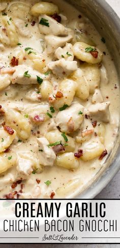 a skillet with creamy gnocchi and text overlay that reads creamy garlic chicken bacon gnocchi Chicken Bacon Gnocchi, Bacon Gnocchi Recipes, Bacon Gnocchi, Gnocchi Recipes Easy, Gnocchi Dishes, Gnocchi Recipe, Creamy Garlic Sauce, Winter Dinner Recipes, Pasta Dinners