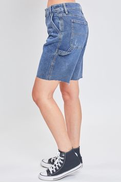 Workwear just got a cute new twist with our Women’s High Rise Denim Carpenter Shorts. This denim short features all of your favorite utility details, such as belt loops, slant front pockets, a hammer loop, and a utility pocket at the side. It has a comfortable feel but a fitted look, because practical can still be cute. Style these jean shorts with a crop top and sneakers for a casual aesthetic, and throw on an oversized plaid button up when temperatures drop for the ultimate grungy vibe. Produc Mid-rise Medium Wash Jean Shorts With Hip Pockets, Mid-rise Jean Shorts With Hip Pockets In Medium Wash, High Rise Denim Cargo Shorts With Pockets, High Rise Denim Cargo Shorts, Utility Style Medium Wash Jean Shorts, Cutoff Bottoms With Hip Pockets In Medium Wash, Utility Jean Shorts With Hip Pockets, Denim Utility Cargo Shorts With Side Pockets, Utility Denim Jean Shorts