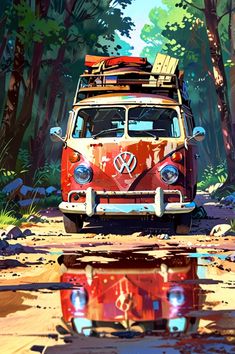 an old vw bus is parked in the woods