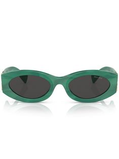 fern green acetate oval frame tinted lenses UV-protective lenses logo plaque at the arm curved tips These glasses come with a protective case. Green Glasses Aesthetic, Accesories 2024, Wishlist 2022, Miu Miu Eyewear, Lens Logo, Green Oval, Fern Green, Oval Frame, Grunge Aesthetic