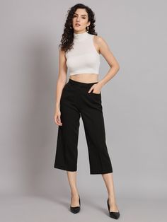 PRODUCT DETAILS  Black woven culottes Regular fit Mid-rise Length: three-fourth length Pattern: solid Flat-front, with no pleats design Feature: plain 2 pockets Size & Fit Fit: Regular Fit The model (height 5'8) is wearing a size 28 Material & Care Polyester Hand Wash Size Brand SizeTo Fit Waist (in)Inseam Length (in)Outseam Length (in) 28            S              28.0                         29.0                            38.5 30                M              30.0                         29.0 Womens Trousers, Womens Pants, Trousers Women, Labour Day, Capri Pants, Mid Rise, Capri, Art Collection, Bathing Beauties