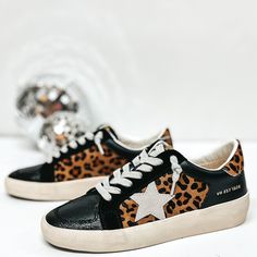 Vintage Havana | Elodie Sneakers in Black and Leopard Print | Trendy pieces for all shapes and sizes. Vintage Havana Sneakers, No Tie Laces, Leopard Print Sneakers, Leopard Sneakers, Vintage Tennis, Gold Sneakers, Vintage Havana, Print Sneakers, White Star