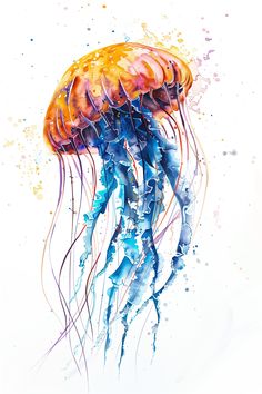 a watercolor painting of a jellyfish in blue, orange and yellow colors on a white background