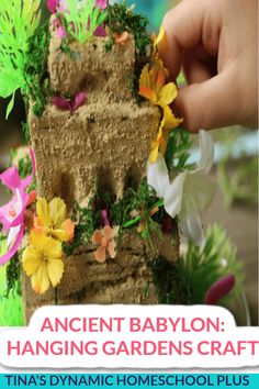 someone is decorating a cake with flowers and grass on it that says ancient babylon hanging gardens craft