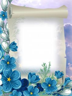 a paper with blue flowers and leaves on it