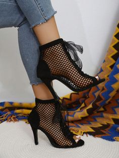 Women's High Heel Peep-Toe Elegant Ribbon Criss-Cross Chunky Net Fashion Dance Sandals Black     Plain   Spring/Fall Women Shoes, size features are:Bust: ,Length: ,Sleeve Length: Leopard Print High Heels, Wedges Shoes, Shoes Heel, Chunky Heels Sandals, Shoes Heels Wedges, Chunky Block Heels, Only Fashion, Sandal Fashion, Clothing Size Chart