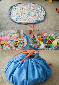 two bags filled with toys sitting on the floor