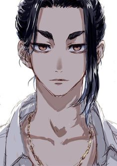 an anime character with long black hair and brown eyes, wearing a necklace on his neck