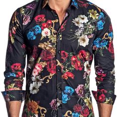 Jared Lang Button Down Shirt Brand New With Tag Black Floral Print Long Sleeve Black Buttons Semi-Fit 100 % Cotton Imported Of Italian Materials Made In Turkey Fast Shipping Designer Collared Tops With Floral Print, Designer Fitted Multicolor Shirt, Designer Formal Shirt With Floral Print, Designer Black Shirt With Button Closure, Elegant Multicolor Cotton Shirt, Slim Fit Floral Print Button-up Shirt, Formal Button-up Shirt With Floral Print, Designer Black Shirt With Spread Collar, Formal Floral Print Button-up Shirt