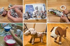 several pictures of paper mache animals being used to make crafting projects for kids