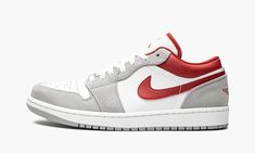 The Air Jordan 1 Low SE “White/Grey/Red” is another clean and wearable look for the versatile silhouette. The “White/Grey/Red” variation is complete with white leather on the perforated toe and mid-panel and Light Smoke Grey suede on the overlays and heel. An eye-grabbing Gym Red-colored leather Swoosh appears on either side and a red “Wings” logo is embroidered on the heel. Additional Gym Red accenting can be found on the collar, on the underside of the tongue, and on the Jumpman detailing that Sneaker Jordan, Red Wing Logo, Latest Jordans, Nike X Travis Scott, White Gym, Low Air Jordan 1, Jordan 8, Adidas Spezial, Jordan 2