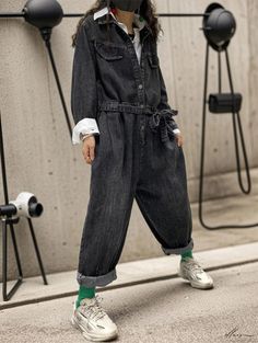 Elluis - Contemporary Distressed Denim Jumpsuit with Collar Patchwork - Stylish and Customized Romper Pant Length, Denim Jumpsuit, Dressmaking, Distressed Denim, High Waist, Jumpsuit, Rompers, High Waisted, Collar