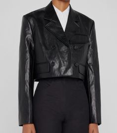 Black Cropped Jacket For Formal Fall Events, Black Cropped Jacket For Formal Fall Occasions, Chic Formal Biker Jacket For Spring, Black Leather Cropped Jacket For Fall, Cropped Leather Jacket For Work, Chic Black Formal Biker Jacket, Designer Cropped Leather Jacket For Work, Tailored Black Cropped Jacket For Fall, Luxury Cropped Outerwear For Office