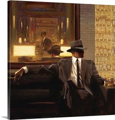 a painting of a man in a suit and hat sitting on a couch