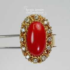 This beautiful oxtail red Coral Ring is set in 14k solid gold and a fancy diamond granulated setting! Ring Size: 7.25 Total Weight: 17.17 grams Precious Metal: 14k solid gold Precious stones: -Coral Center Stone: 20mm x 11mm -White Round diamonds: 0.4 ct Gold Ring Vintage, Oxblood Red, Platinum Diamond Rings, Coral Ring, Solid Gold Ring, Fancy Diamonds, Solid Gold Rings, Platinum Ring, Precious Metal