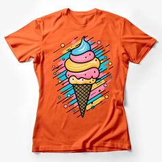 Colorful Ice Cream Cone Graphic Tee, Summer Dessert T-Shirt, Fun Casual Wear, Unisex Top Female T-Shirt Custom graphic T-Shirt.Customize your color Colorful Ice Cream, Pumpkin Outfit, Casual Beach Wear, Owl T Shirt, Summer Dessert, Funny Graphics, Fantasy Clothing, Ice Cream Cone, Love T Shirt