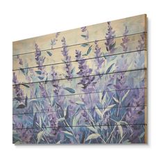 a painting of purple flowers painted on wooden planks in front of a white wall