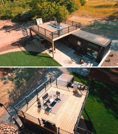 two views of a deck and patio from above, in the middle of an open field