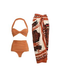 Enhance your beach look with our Almond Halterneck Bikini Three Piece Set. The halterneck design provides maximum support and the almond color flatters all skin tones. The versatile three piece set lets you mix and match for endless styling options. Elevate your swimwear game with this must-have set. Material: 100% Polyester Stretch Factor: Slight Stretch Clean: Gentle machine wash Color may vary due to the lighting on images. The product images (without model) are the closest to the true color of the product Model is wearing an S Beach Outfit Inspo Summer, Elegant Outfit Party, Vintage Inspired Swimsuit, Outfit Inspo Summer, Vacation Wear, Swimwear Sets, Beach Swimsuit, Swim Wear, Weekend Style