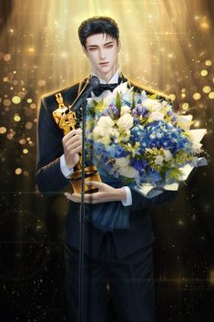 a man in a tuxedo holding a bouquet of flowers and an oscar statue