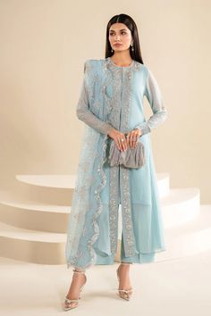 Light Blue Pakistani Suit, Embroidery On Light Blue Fabric, Elegant Designer Light Blue Salwar Kameez, Elegant Light Blue Semi-stitched Salwar Kameez, Elegant Light Blue Salwar Kameez With Resham Embroidery, Elegant Light Blue Salwar Kameez With Zari Work, Light Blue Salwar Kameez With Zari Work Elegant Style, Elegant Light Blue Georgette Set, Blue Organza Salwar Kameez With Mirror Work