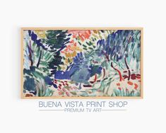 a painting hanging on the wall next to a wooden frame with text that reads, buena vista print shop premium tv art