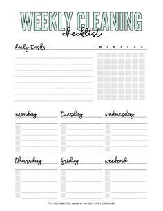 the printable weekly cleaning checklist is shown in green and white with black lettering