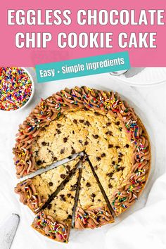 an eggless chocolate chip cookie cake with sprinkles on the top and bottom